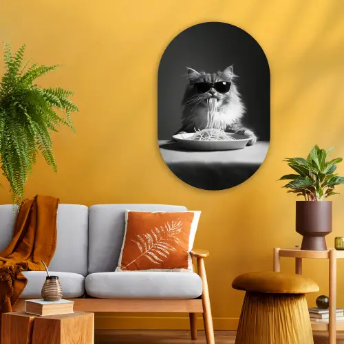 Langharige kat - Zonnebril - Spaghetti - Humor - Zwart - wit Wandcirkel Ovaal Glas middel -sfeer4