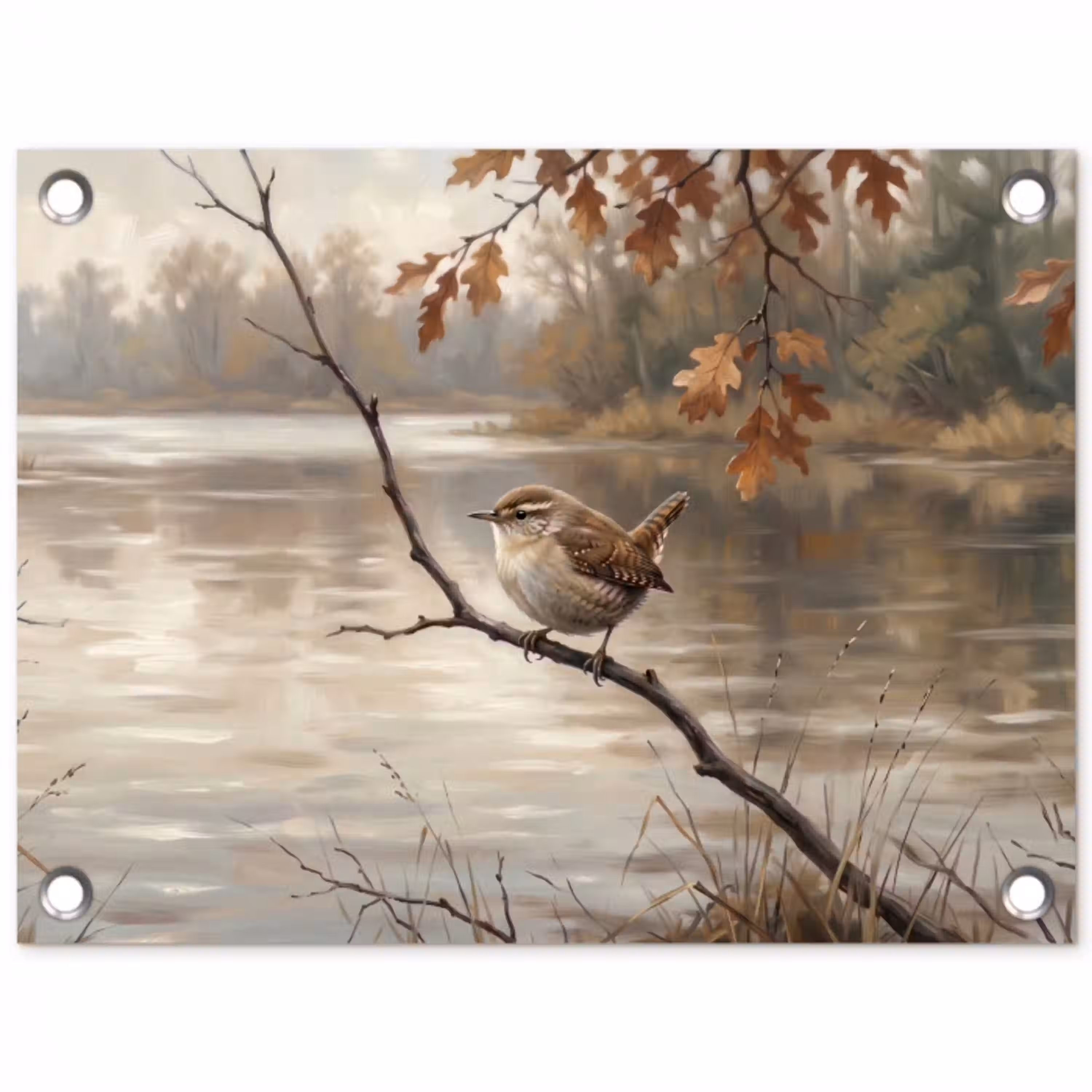Winterkoninkje - Tak - Rivier - Natuur - Sfeervol tuinposter los doek klein -3d