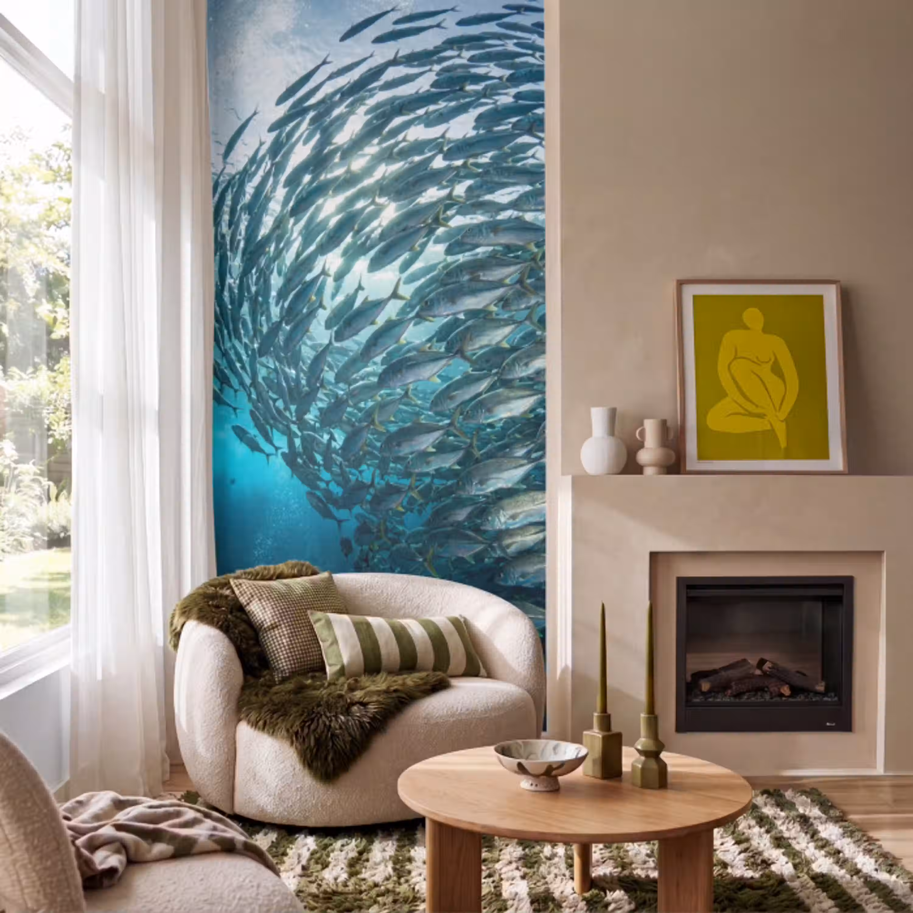 Vis - School - Oceaan - Natuur - Blauw Behang Vlies klein -sfeer2