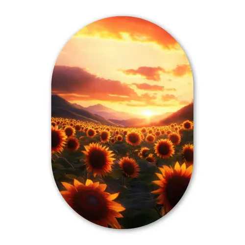 Zonnebloemen - Zonsondergang - Landschap Wandcirkel Ovaal Glas middel -3d