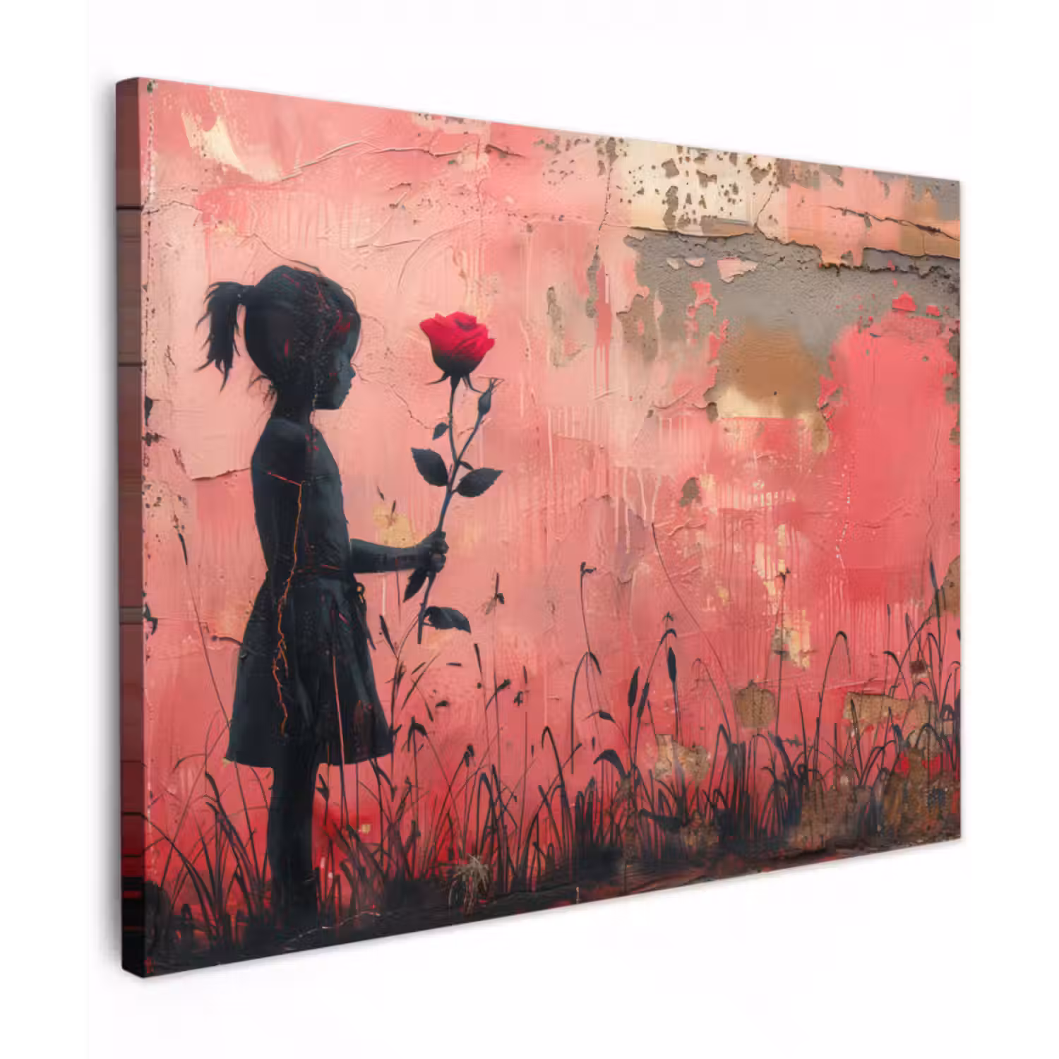 Leinwandbild - Graffiti - Mädchen - Rosa - Straßenkunst - Rose - Banksy