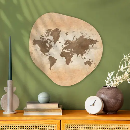 Wereldkaart - Beige - Bruin Wandcirkel Organisch Aluminium middel -sfeer2