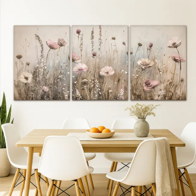 Meerluik schilderij - 3 luiken - Bloemen - Beige - Modern - Roze