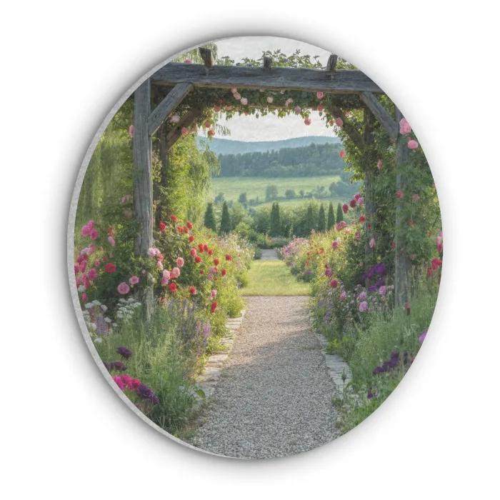 Doorkijk - Landschap - Natuur - Tuinboog - Bloemen Akoestische PET Vilt - Rond klein -3d