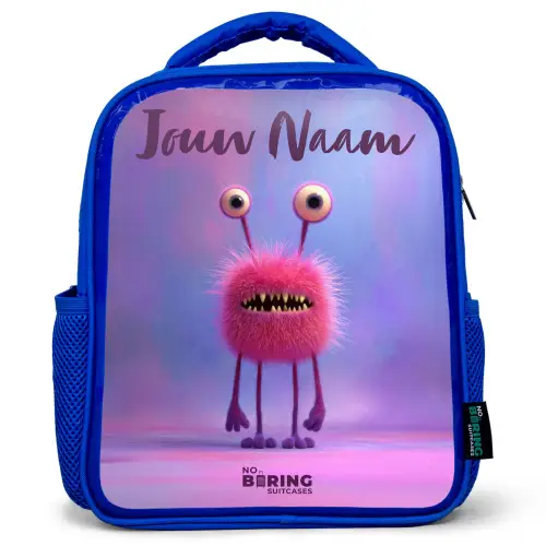 Roze harig monster met grote ogen Kinderrugzak - Blauw middel -3d