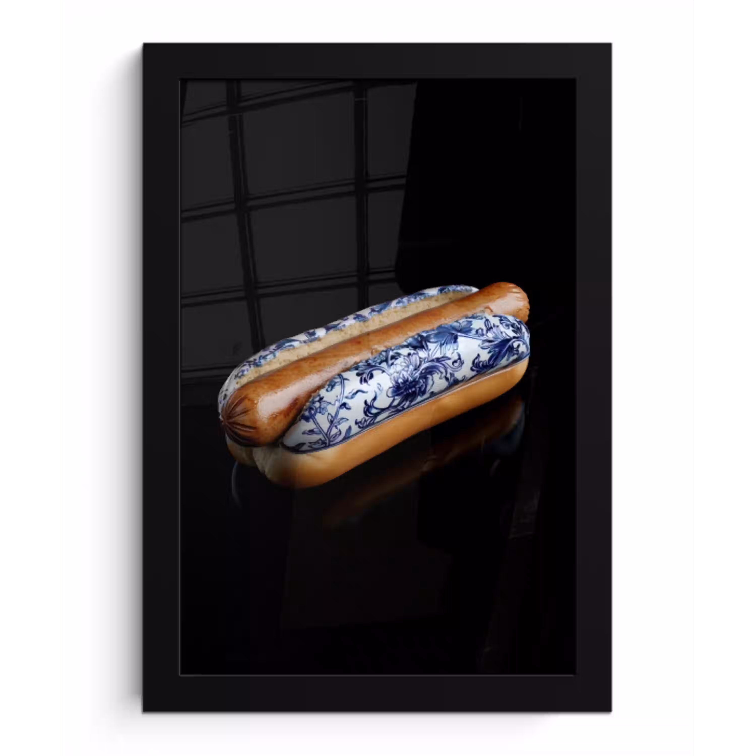 Hotdog - Porselein - Delfts blauw - Eten fotolijst zwart zonder passe partout klein -3d