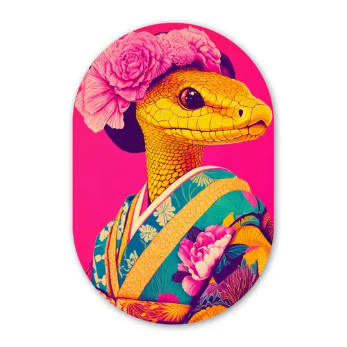 Hagedis - Bloemen - Roze - Kimono Wandcirkel Ovaal Glas middel -3d