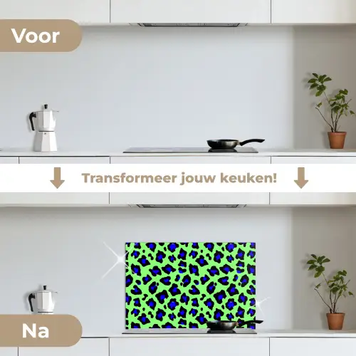 Panterprint - Blauw - Groen keuken achterwand spatscherm klein 900 -voor_na_NL