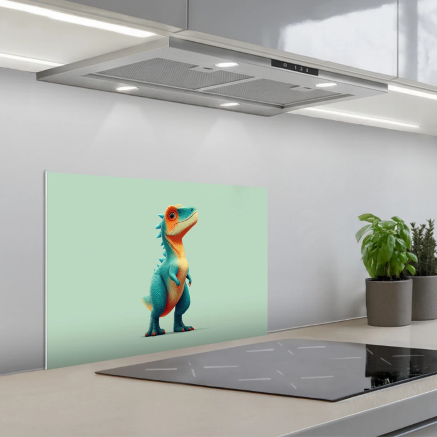 Cartoon - Dino - Oranje - Stekels keuken achterwand spatscherm klein -3d_schuin