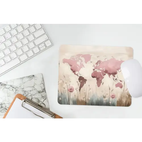 Wereldkaart - Roze - Bloemen muismat rubber klein -witbureau
