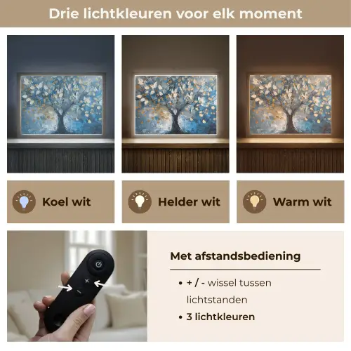 Boom - Blauw - Goud - Abstract Light Box met batterij (Wandlamp) middel -USP_lichtkleurNL