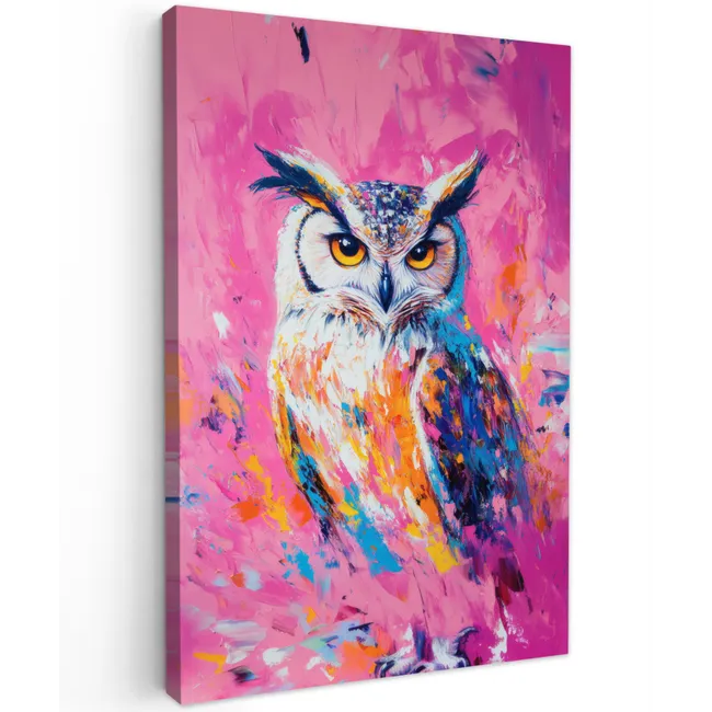 Uil - Roze - Blauw - Verf - Abstract Tuinposter op houten frame 2 cm dik klein -3d