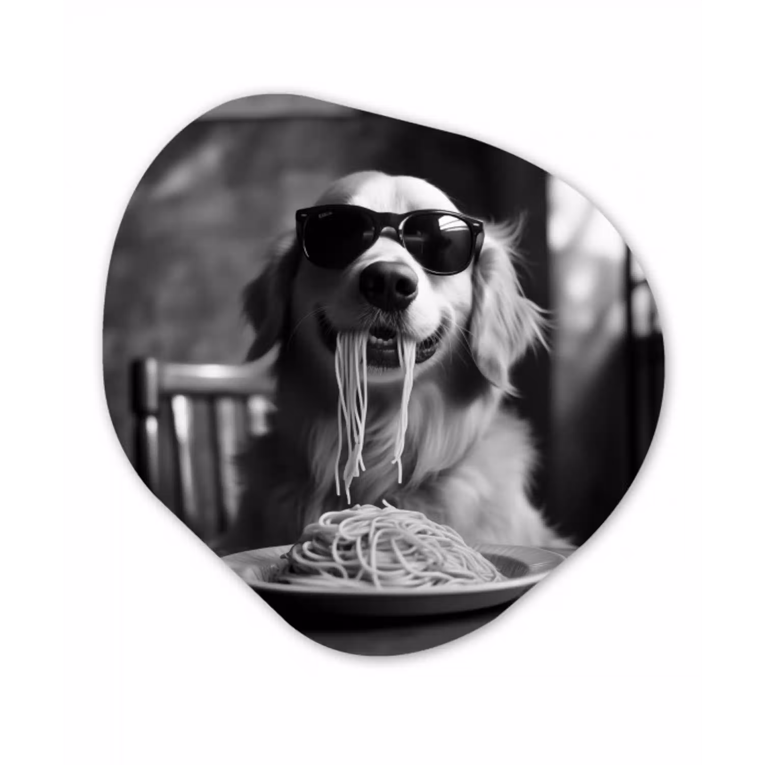 Golden Retriever - Hond - Vrolijk -  Bord spaghetti - Zwart - wit Wandcirkel Organisch Plexiglas middel -3d
