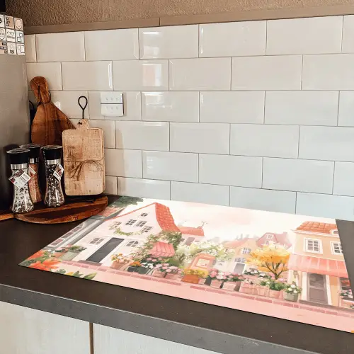 Bloemen - Huizen - Dorp Inductie beschermer vinyl 3mm klein -sfeer3