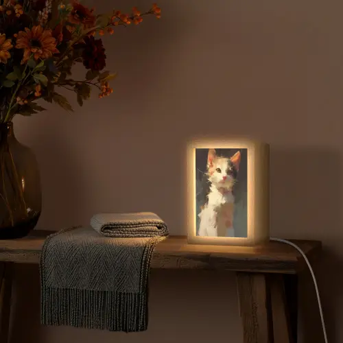 Kat - Geschilderd - Artistiek - Wit Light Box met kabel (Tafellamp) klein -sfeer4
