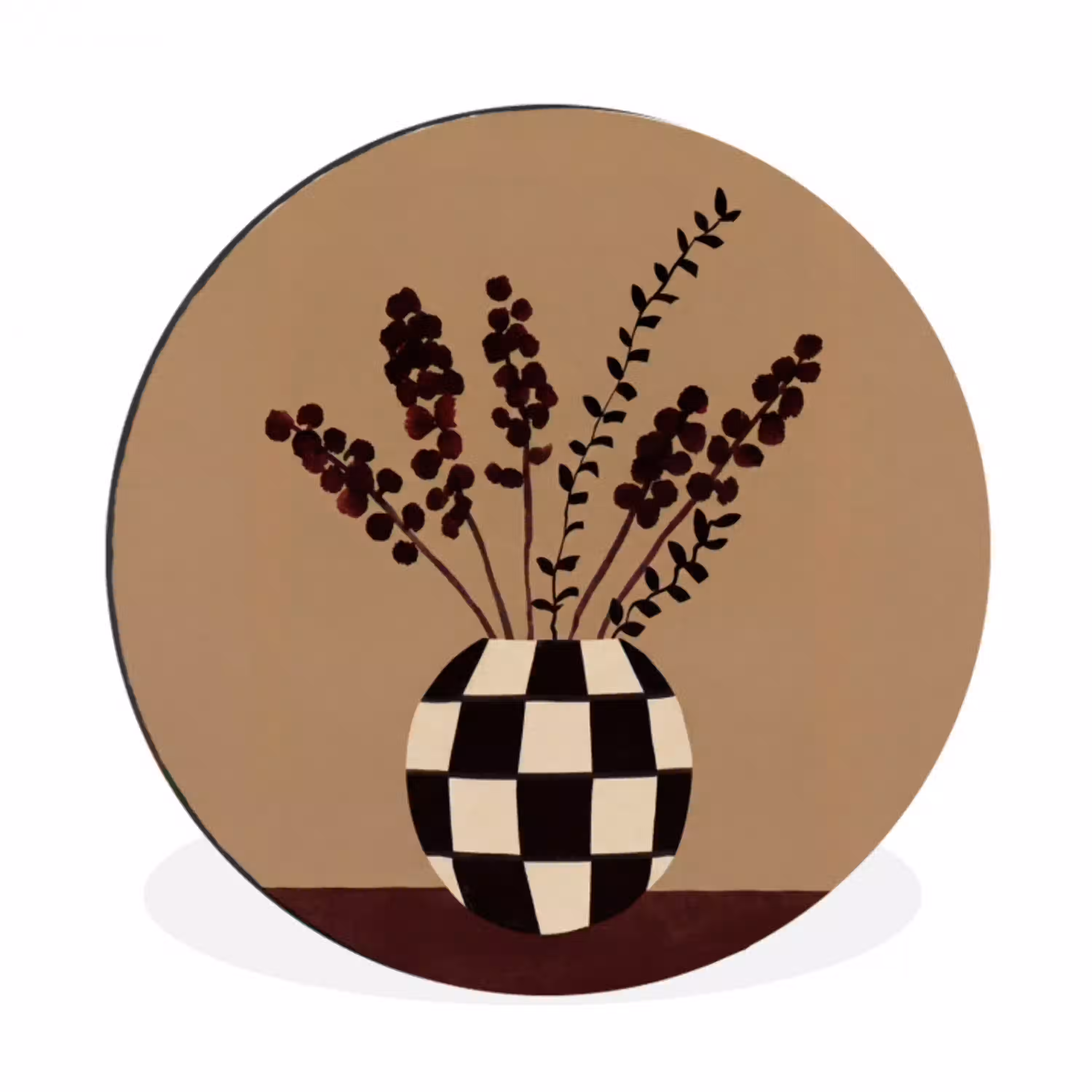 Minimalistisch - Vaas - Bloemen - Bruin Wandcirkel aluminium klein -3d