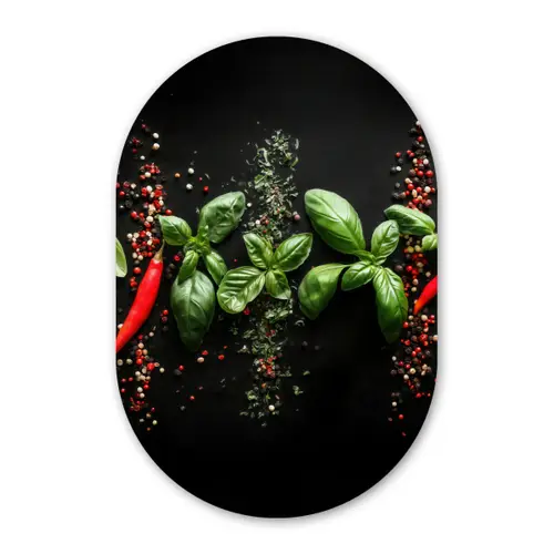 Chilipepers - Basilicum - Blaadjes - Rood Wandcirkel Ovaal Glas middel -3d