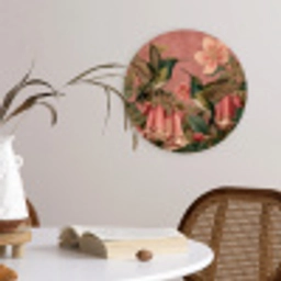 Kolibries - Bloemen - Groen - Roze Wandcirkel kunststof plaat 5mm dik klein -sfeer4