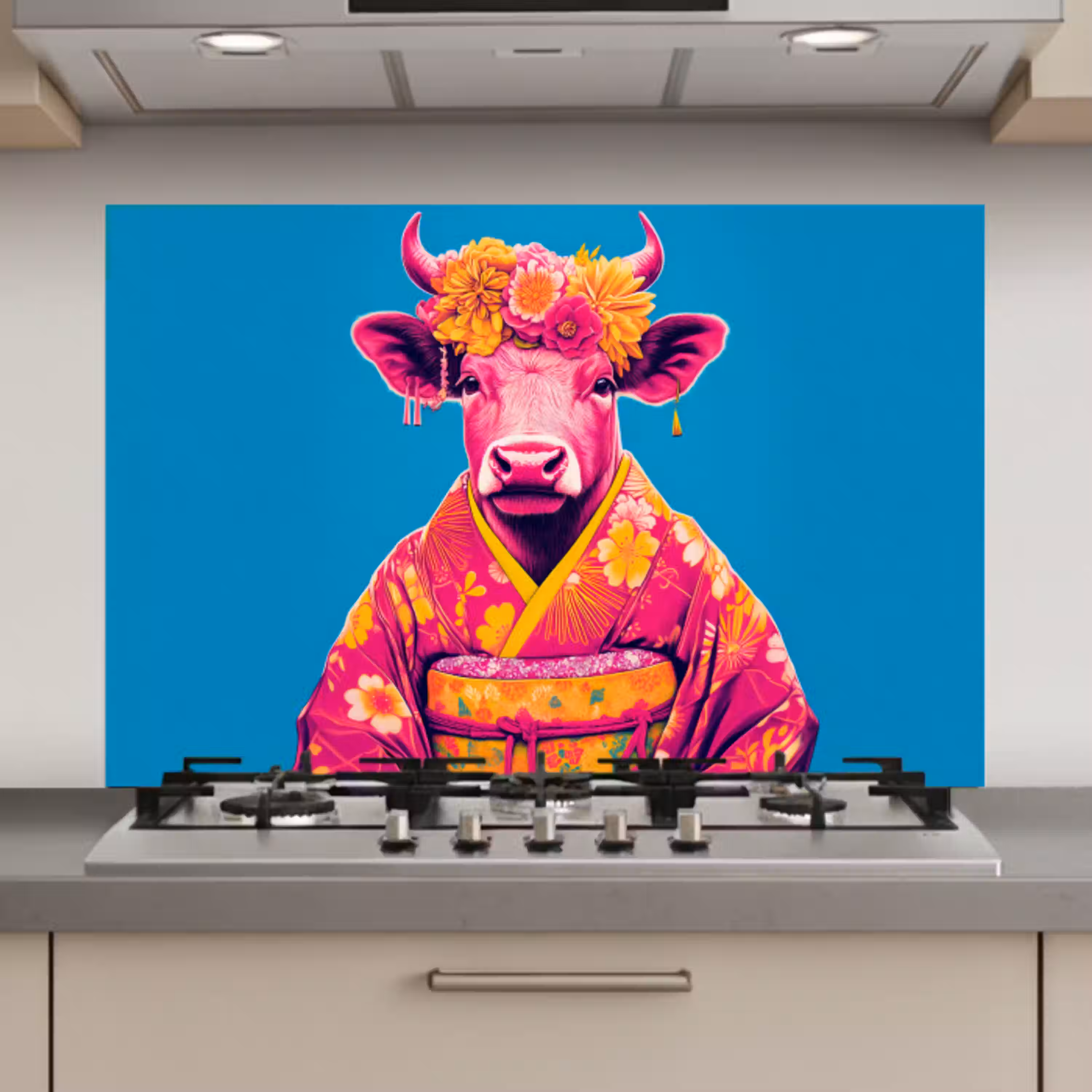 Koe - Bloemenkrans - Oorhangers - Kimono keuken achterwand spatscherm klein -3d_website