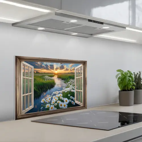 Doorkijk - Landschap - Raam - Water - Zonsondergang keuken achterwand spatscherm klein -3d_schuin