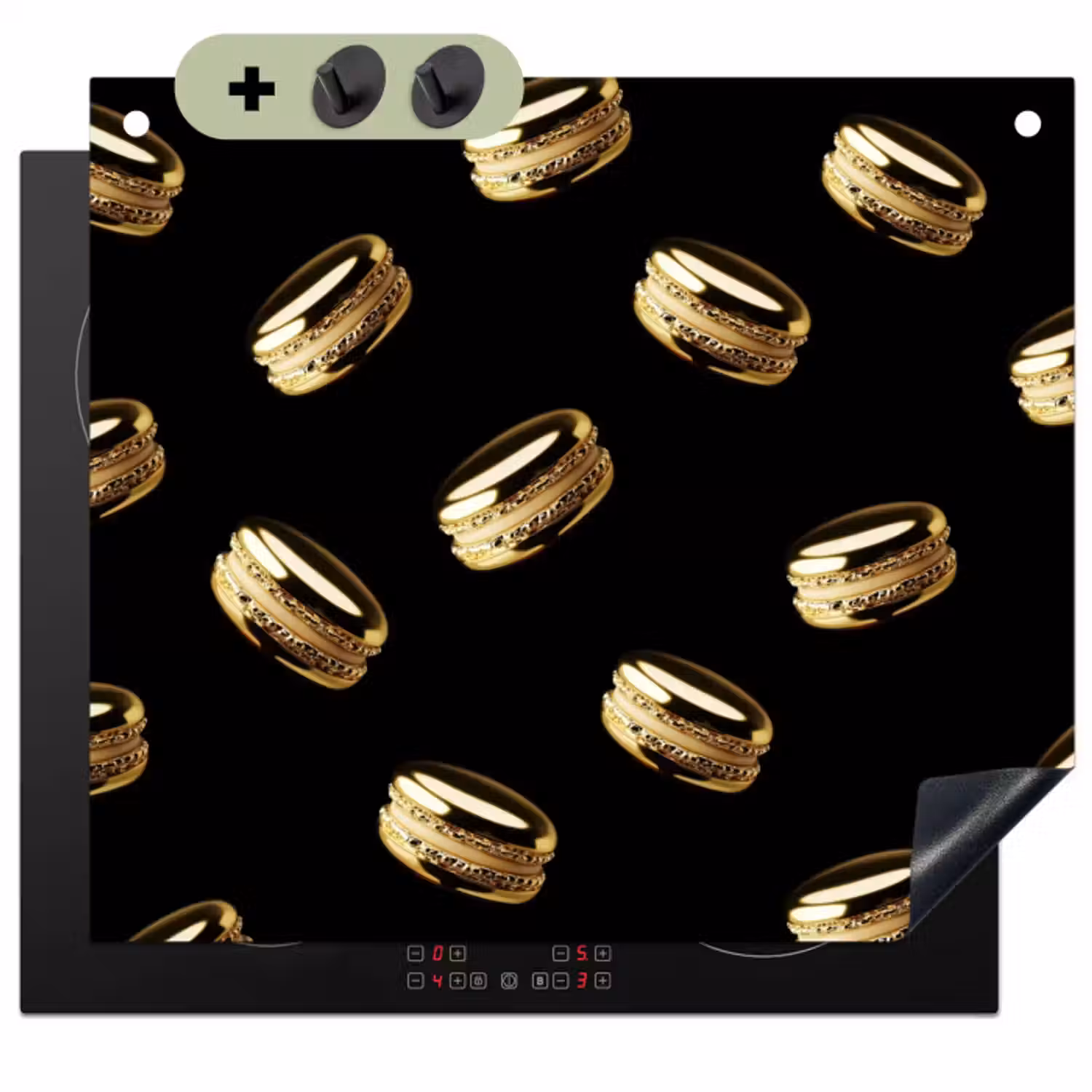 Inductie beschermer en spatscherm (2in1) - Macarons - Patroon - Goud - Zwart