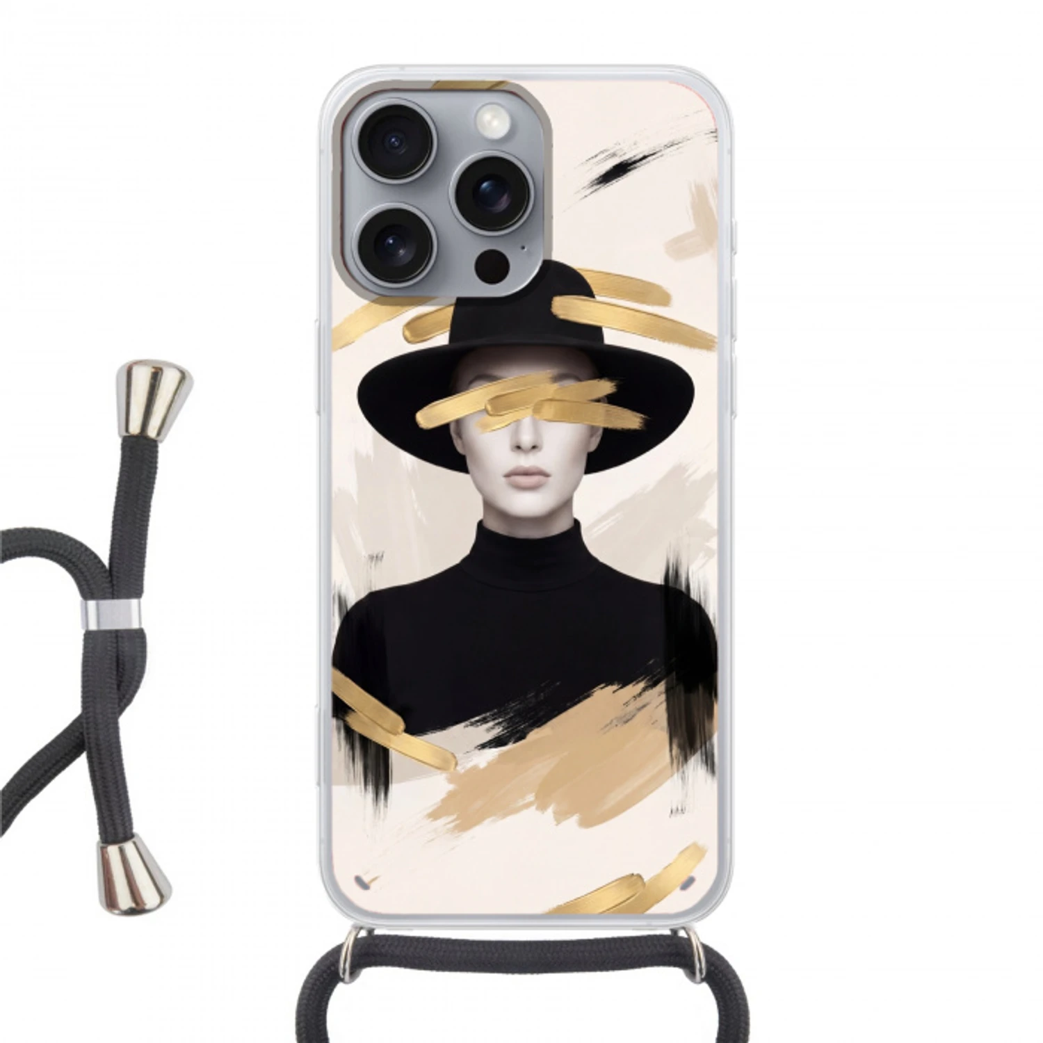 Vrouw - Portret - Modern - Goud - Kunst Hoesje iPhone 16 Pro Max met koord klein -3d