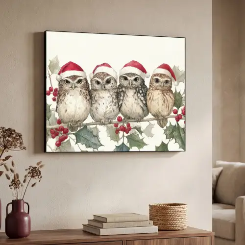 Uilen - Tak - Hulstblaadjes - Kerstmuts Textielframe - compleet frame klein -sfeer3