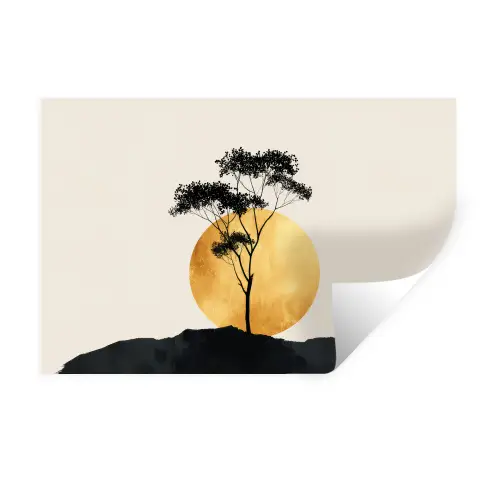 Zwarte boom - Gouden cirkel - Heuvel Muursticker klein -3d