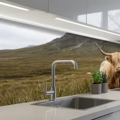 Schotse hooglander - Bergen - Grasveld keuken achterwand 2 middel -3d_schuin