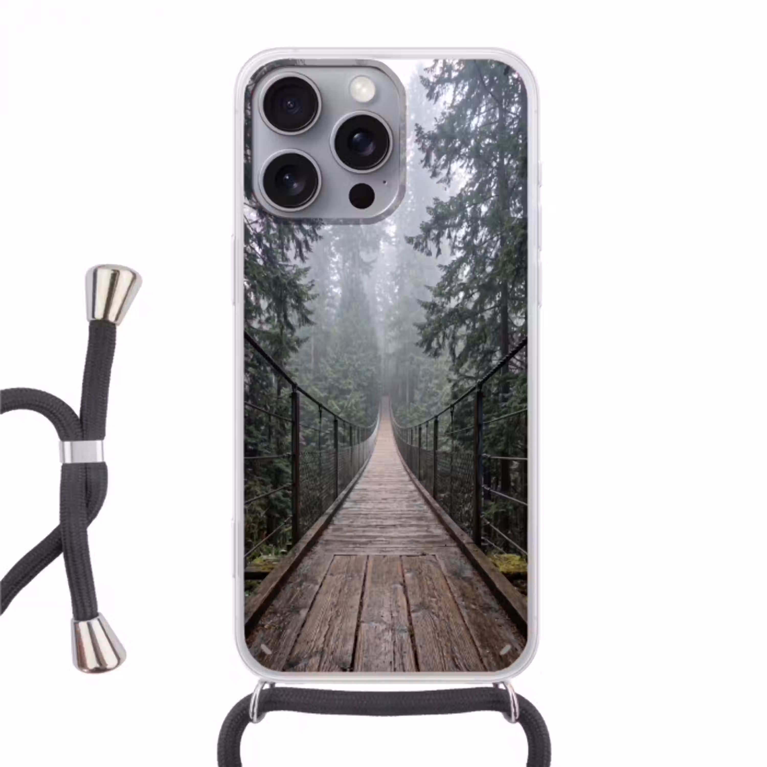 Brug - Bos - Mist - Natuur Hoesje iPhone 16 Pro Max met koord klein -3d