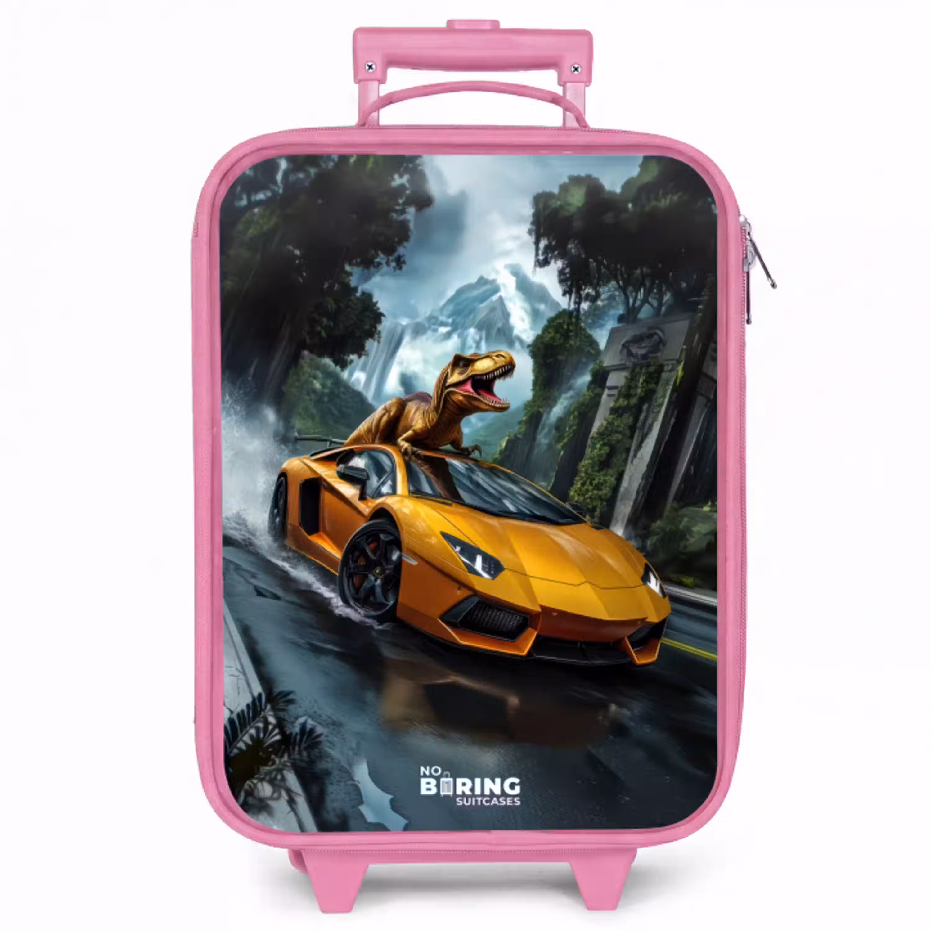 T-Rex op oranje sportauto in regenachtig woud Kinderkoffer - Roze klein -zzz_website3d