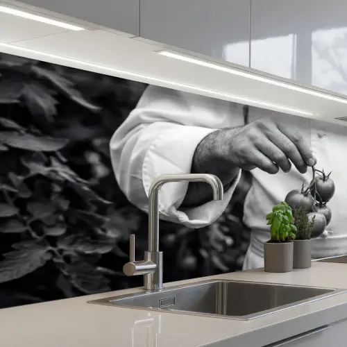 Tomaten - Chef - Zwart - Wit keuken achterwand 2 middel -3d_schuin