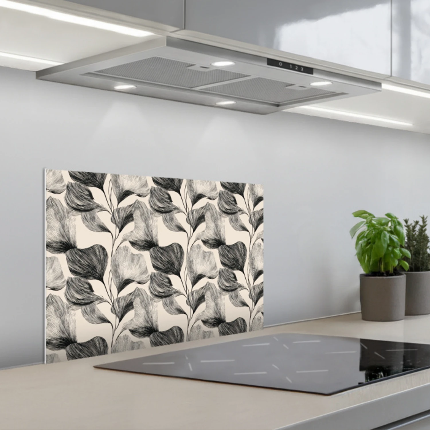Kitchen splashback for hob - Botanical - Leaves - Black | Kitchenyeah.co.uk