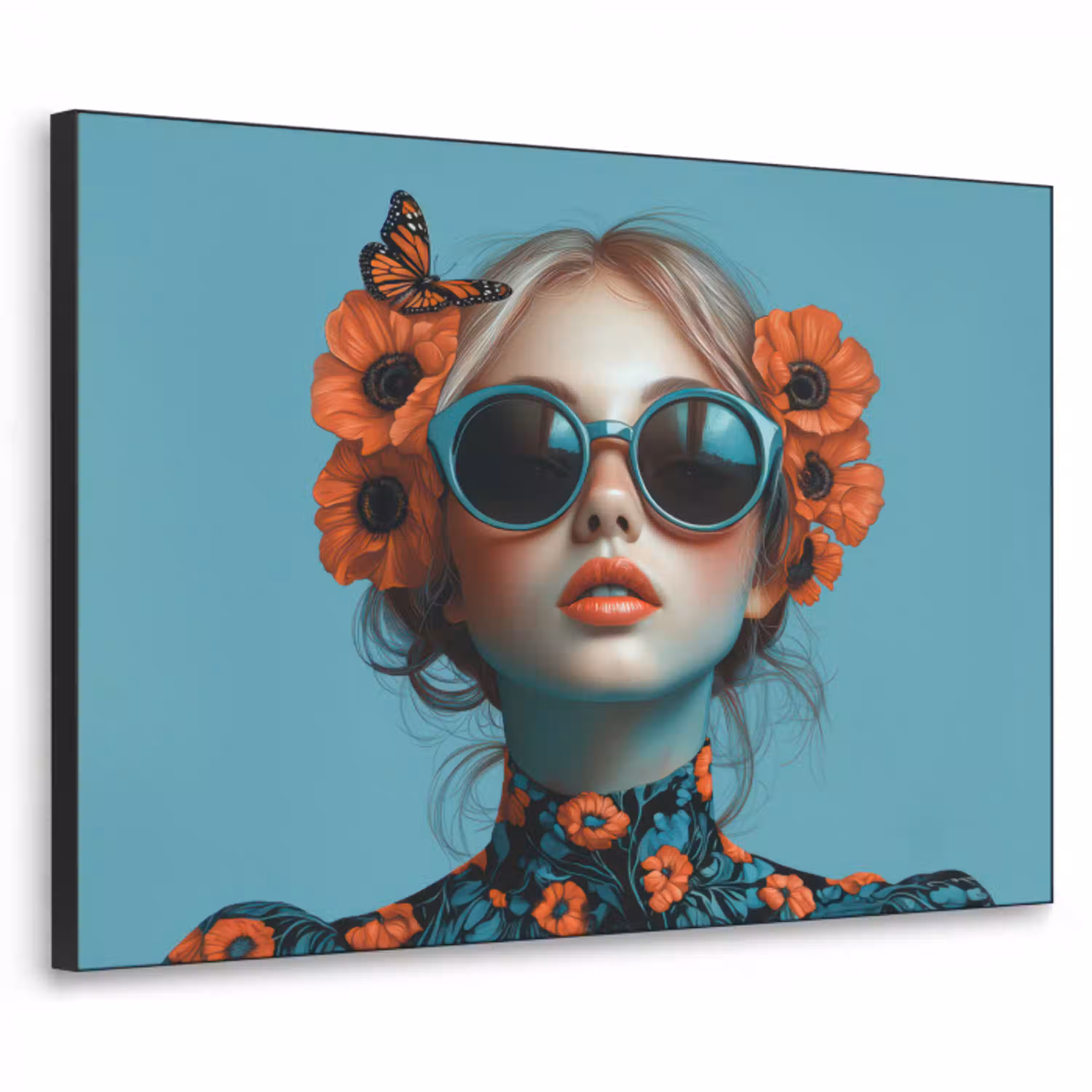 Vrouw - Blauw - Vlinder - Bloemen - Aesthetic Textielframe zwart klein -3d