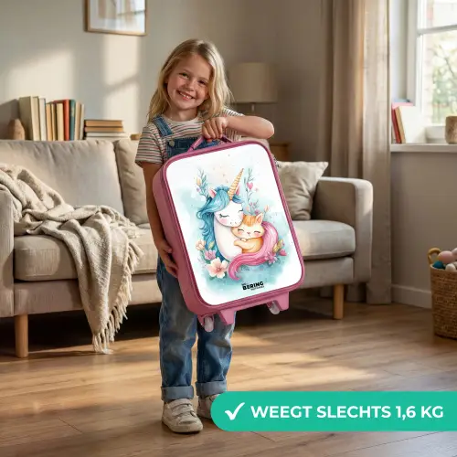 Eenhoorn met blauwe manen en oranje kitten Kinderkoffer - Roze klein -sfeer2_NL