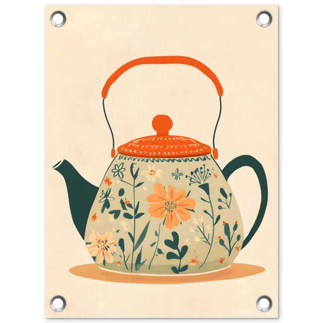 Oranje - Theepot - Bloemen - Bladeren tuinposter los doek klein -3d