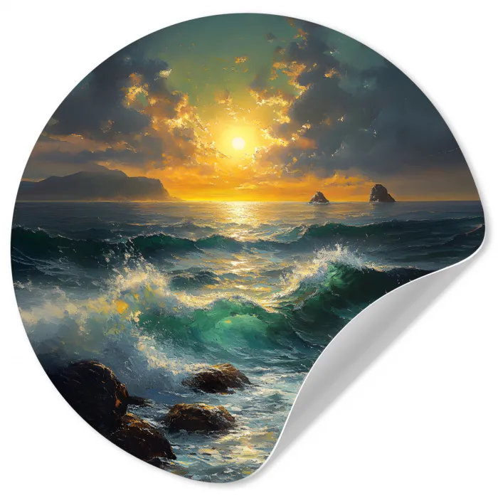 Zee - Zon - Golven - Rotsen Wandcirkel behangsticker klein -3d