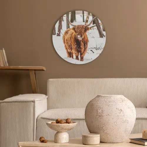 Schotse Hooglander - Sneeuw - Winter - Natuur - Dieren Akoestische PET Vilt - Rond klein -sfeer1