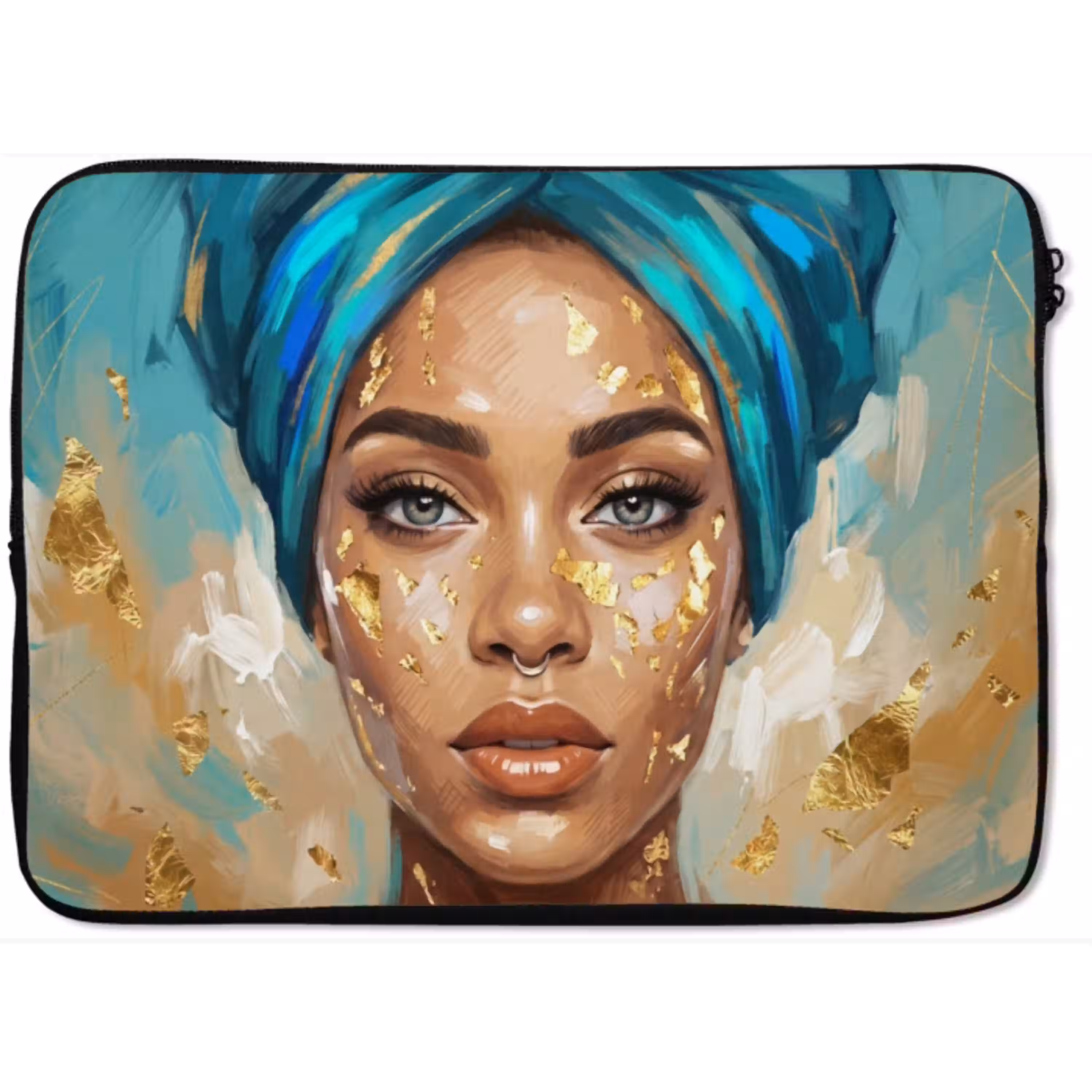 Portret - Vrouw - Schilderij - Blauw - Goud - Expressief laptophoes neopreen klein -zkaufland3dotto