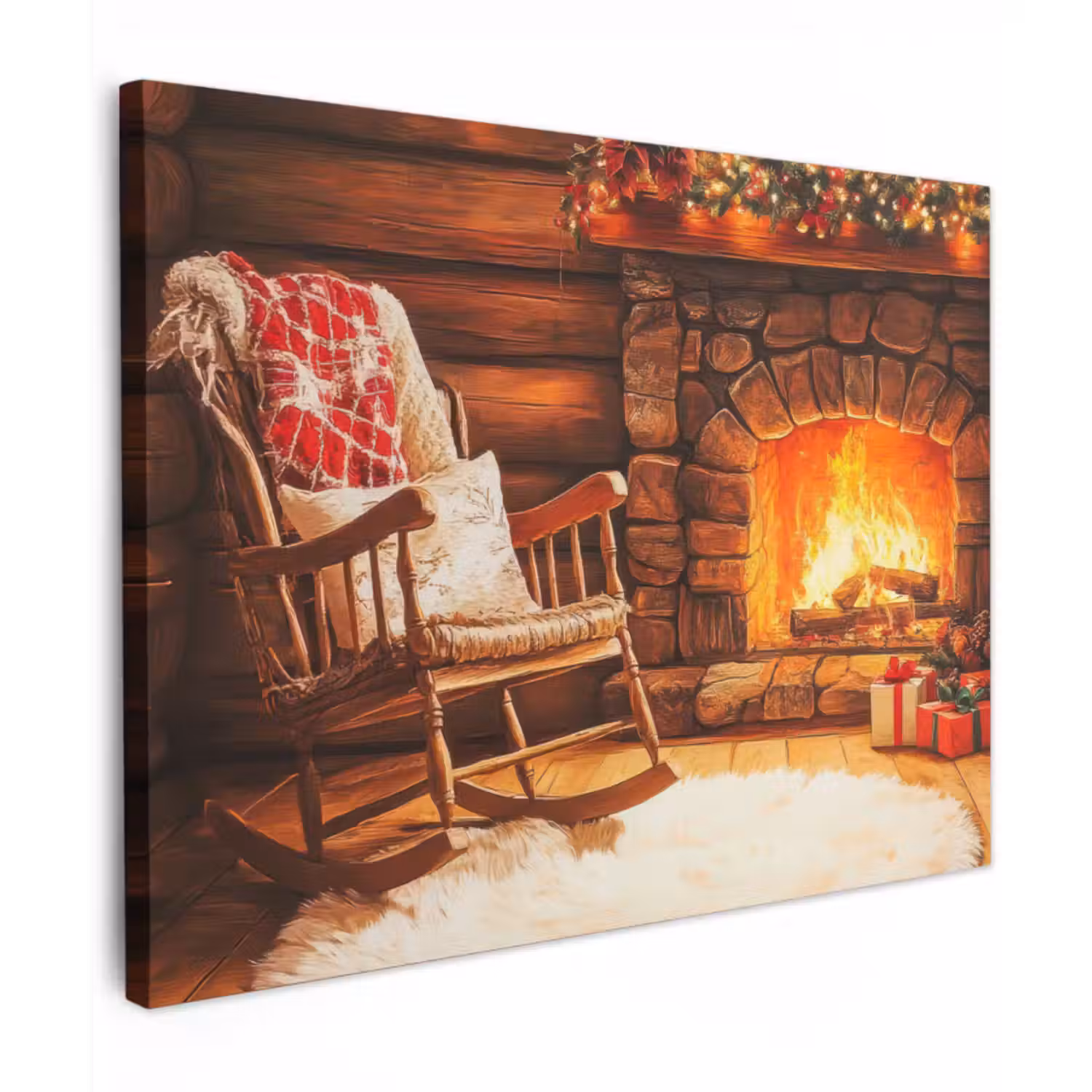 Canvas schilderij - Winter - Kerst - Huis - Openhaard
