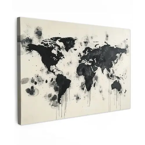 Wereldkaart - Zwart - Inkt Tuinposter op houten frame 2 cm dik klein -3d