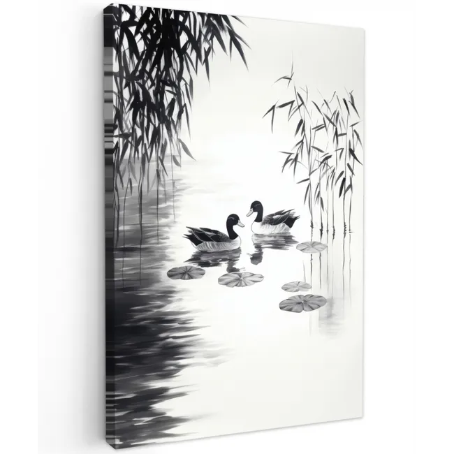 Eenden - Waterlelies - Riet - Zwart Tuinposter op houten frame 2 cm dik klein -3d