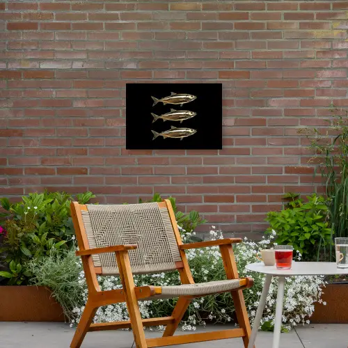 Vissen - Goud - Zwart Tuinposter op houten frame 2 cm dik klein -sfeer3