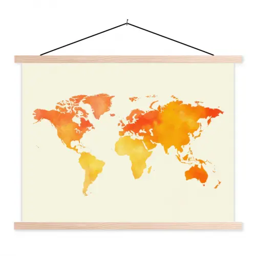 Wereldkaart - Oranje - Kleurrijk textielposter latten blank klein -3d