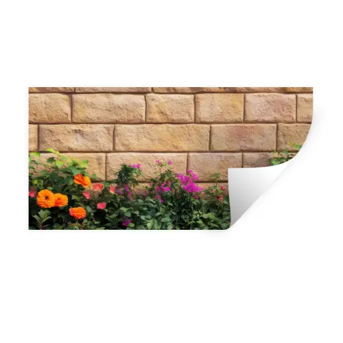 Bloemen - Bakstenen - Kleurrijk Muursticker klein -3d