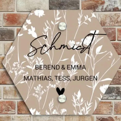 Beiges Blumenmuster - Elegant Naambord Hexagon klein -sfeer2