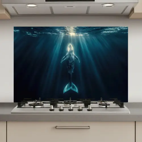 Walvis - Water - Zonnestralen - Blauw keuken achterwand spatscherm klein -3d_website