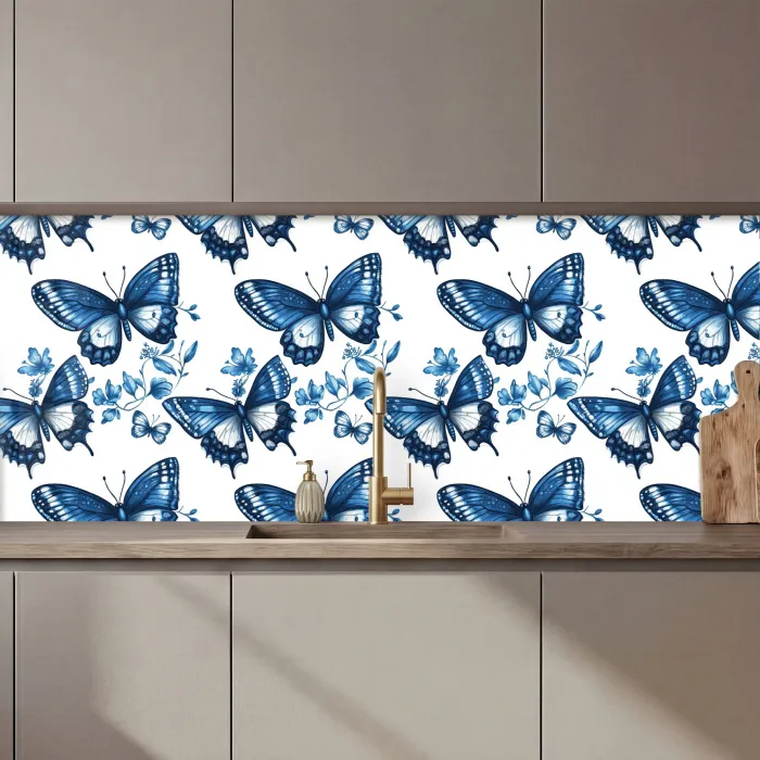 Blauw - Vlinders - Bloemen - Wit keuken achterwand 2 middel 871 zz_3dshopping