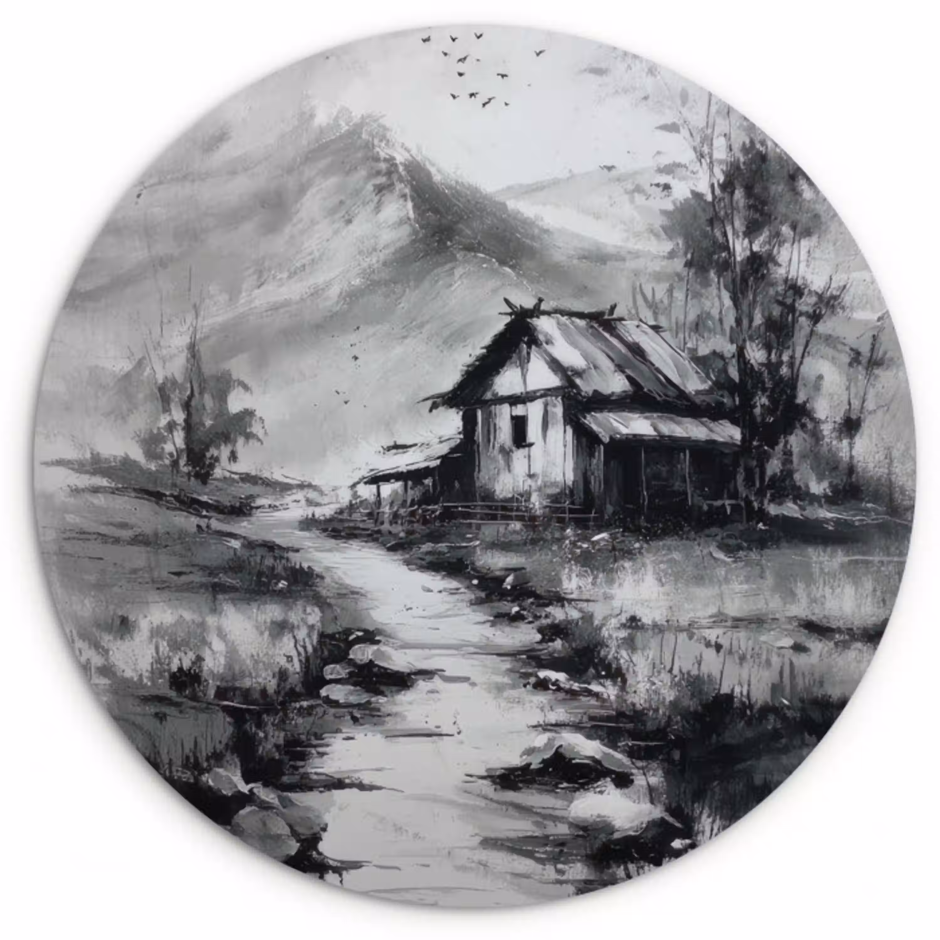 Hut - Grijs - Bergen - Mistig Wandcirkel kunststof plaat 5mm dik klein -3d
