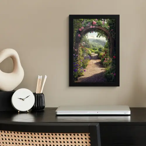Doorkijk - Landschap - Bloemen - Rozenboog - Natuur fotolijst zwart zonder passe partout klein -sfeer1